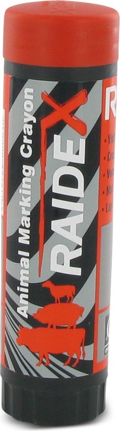 Rode Raidex Animal Marking Crayon met de tekst RAiDEX en afbeeldingen van vee.