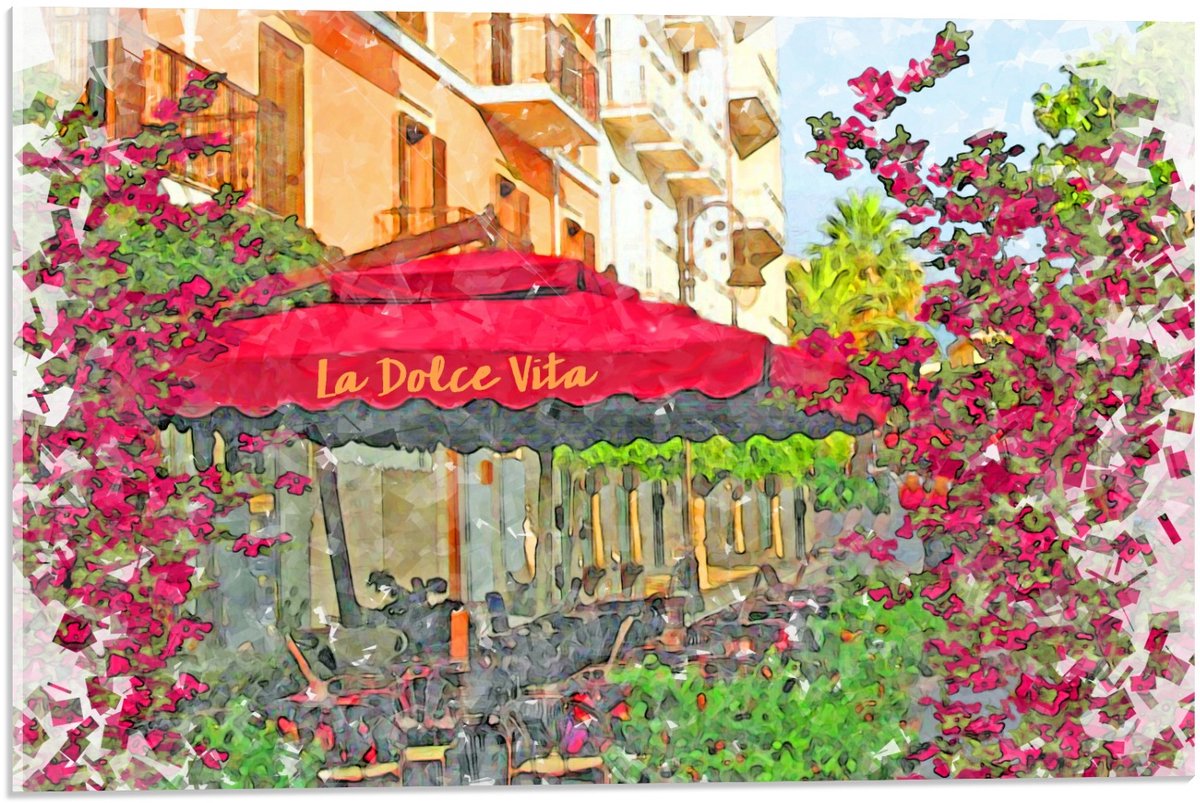 KuijsFotoprint Acrylglas - Geschilderd Terras met Roze Parasol - 60x40cm Foto op Acrylglas (Met Ophangsysteem) Blauw