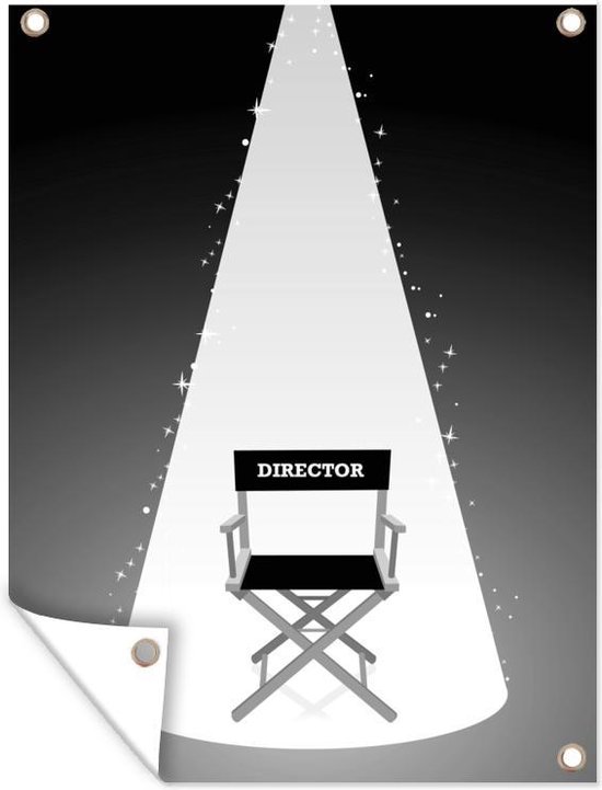 Muurdecoratie buiten Een illustratie van de stoel van de regisseur in de spotlight - zwart wit - 120x160 cm - Tuindoek - Buitenposter