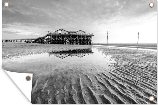 Foto: Tuindecoratie strandpaviljoen van het duitse nationaal park schleswig holsteinisches wattenmeer zwart wit 60x40 cm tuinposter tuindoek buitenposter