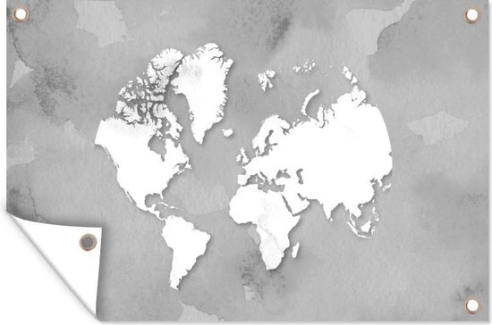 Tuinposter - Tuindoek - Tuinposters buiten - Ronde en witte wereldkaart op een grijze achtergrond - zwart wit - 120x80 cm - Tuin