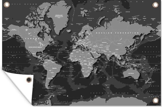 Blauwe abstracte wereldkaart met donkere schaduwen - zwart wit