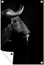 Tuinposter - Tuindoek - Tuinposters buiten - Een zwarte stier met hoorns op een zwarte achtergrond - zwart wit - 80x120 cm - Tuin