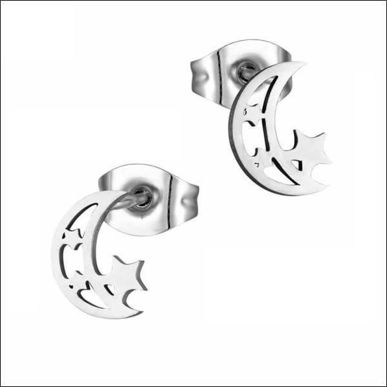 Aramat jewels ® - Zweerknopjes maan met ster oorbellen 9mm chirurgisch staal zilverkleurig