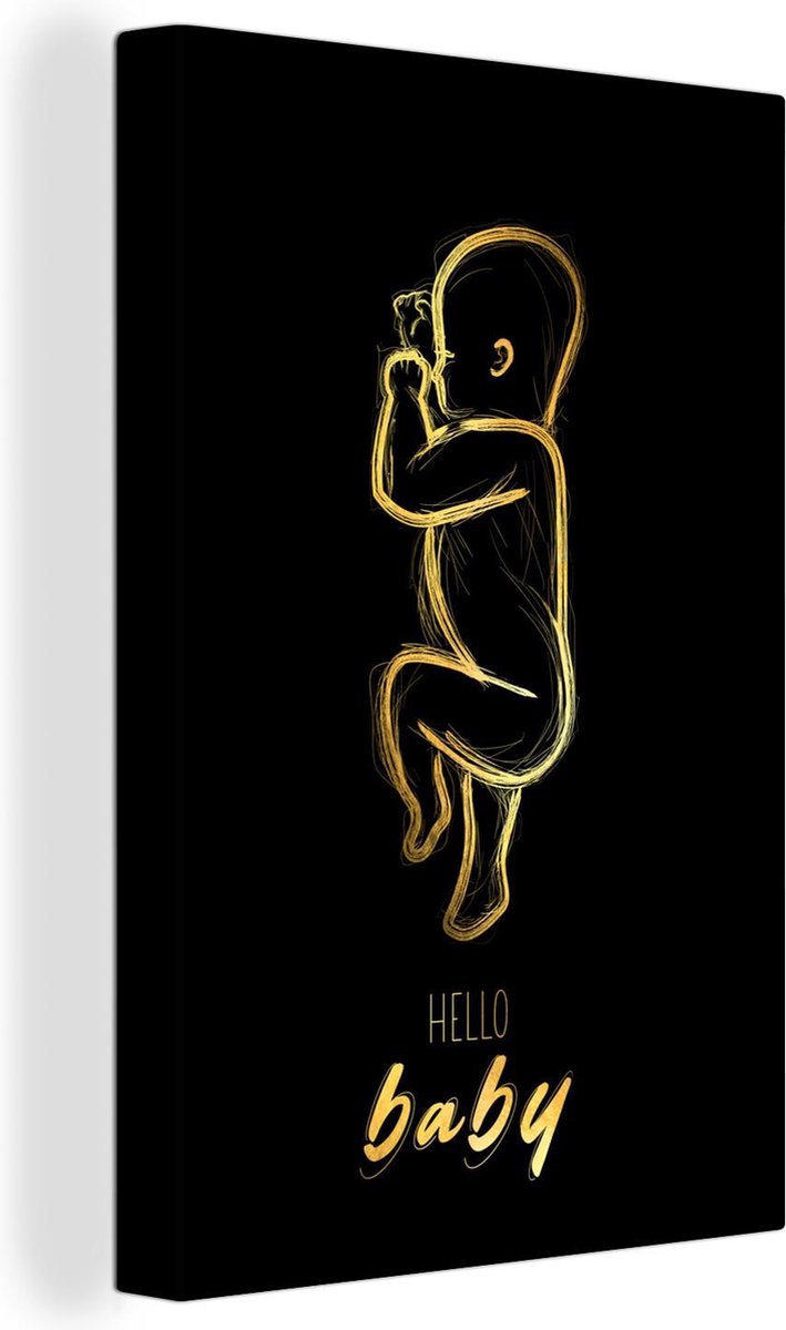 Canvas Schilderij Hello baby - Quotes - Goud - Geboorte - Spreuken - 20x30 cm - Wanddecoratie