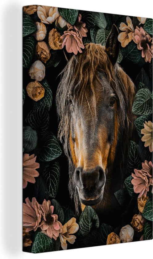 Canvas Schilderij Paard - Bloemen - Bladeren - 80x120 cm - Wanddecoratie