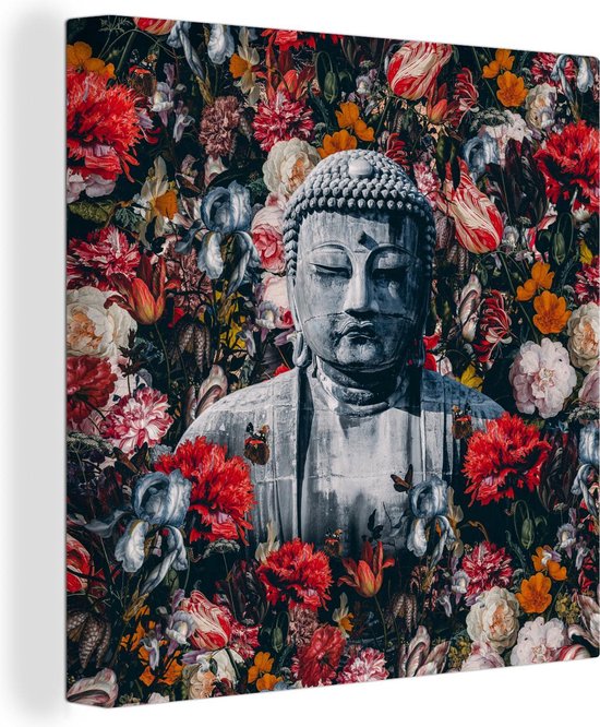Canvas Schilderij Boeddha - Bloemen - Rood - 50x50 cm - Wanddecoratie