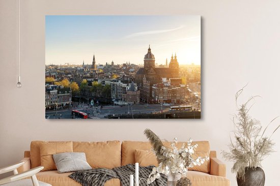 Toile Peinture Amsterdam - Soleil - Pays- Nederland - 180x120 cm - Décoration murale XXL