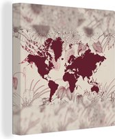 Canvas Wereldkaart - 90x90 - Wanddecoratie Wereldkaart - Planten - Rood
