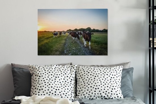 Tableau Peinture Vaches - Soleil - Route - 60x40 cm - Décoration murale