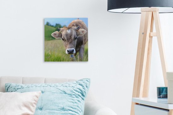 Peintures Vache - Animaux - Marron - Herbe - 20x20 cm - Décoration murale