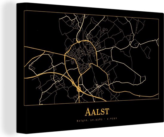 Toile Peinture Carte - Alost - Zwart - Or - 180x120 cm - Décoration murale XXL