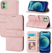 Reliëf gestreepte magnetische gesp PU + TPU horizontale flip lederen hoes met houder & kaartsleuf & portemonnee & fotolijst & sling voor iPhone 11 Pro Max (roze)