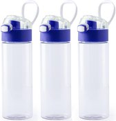 3x Stuks kunststof waterfles/drinkfles transparant met blauwe schroefdop en handvat 580 ml - Sportfles - Bidon