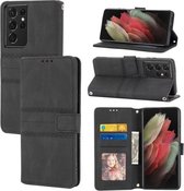 Voor Samsung Galaxy S21 Ultra 5G Reliëf Gestreepte Magnetische Gesp PU + TPU Horizontale Flip Lederen Case met Houder & Kaartsleuf & Portemonnee & Fotolijst & Sling (Zwart)