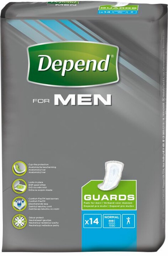 Verpakking Depend For Men Guards met 14 stuks. Incontinentieverband voor mannen.