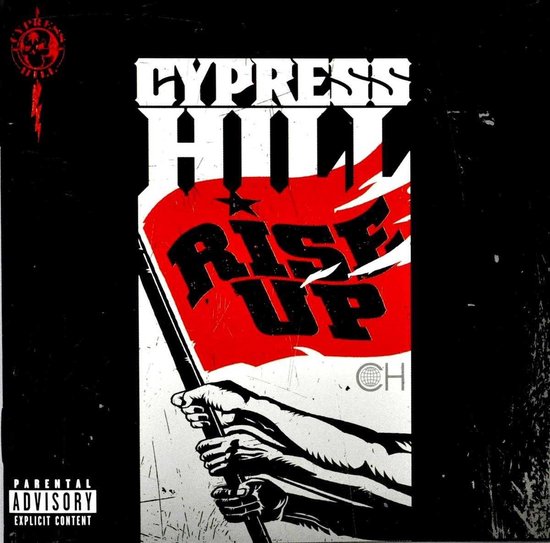 Cypress Hill Rise Up albumcover met een hand die een rode vlag met gouden letters "RISE UP" vasthoudt.