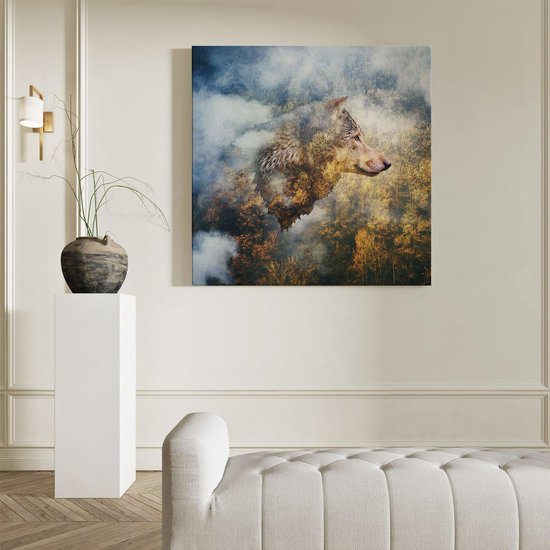 Artaza - Peinture sur toile - Tête de loup sur une forêt d'automne - Loup - Abstrait - 90 x 90 - Groot - Photo sur toile - Impression sur toile