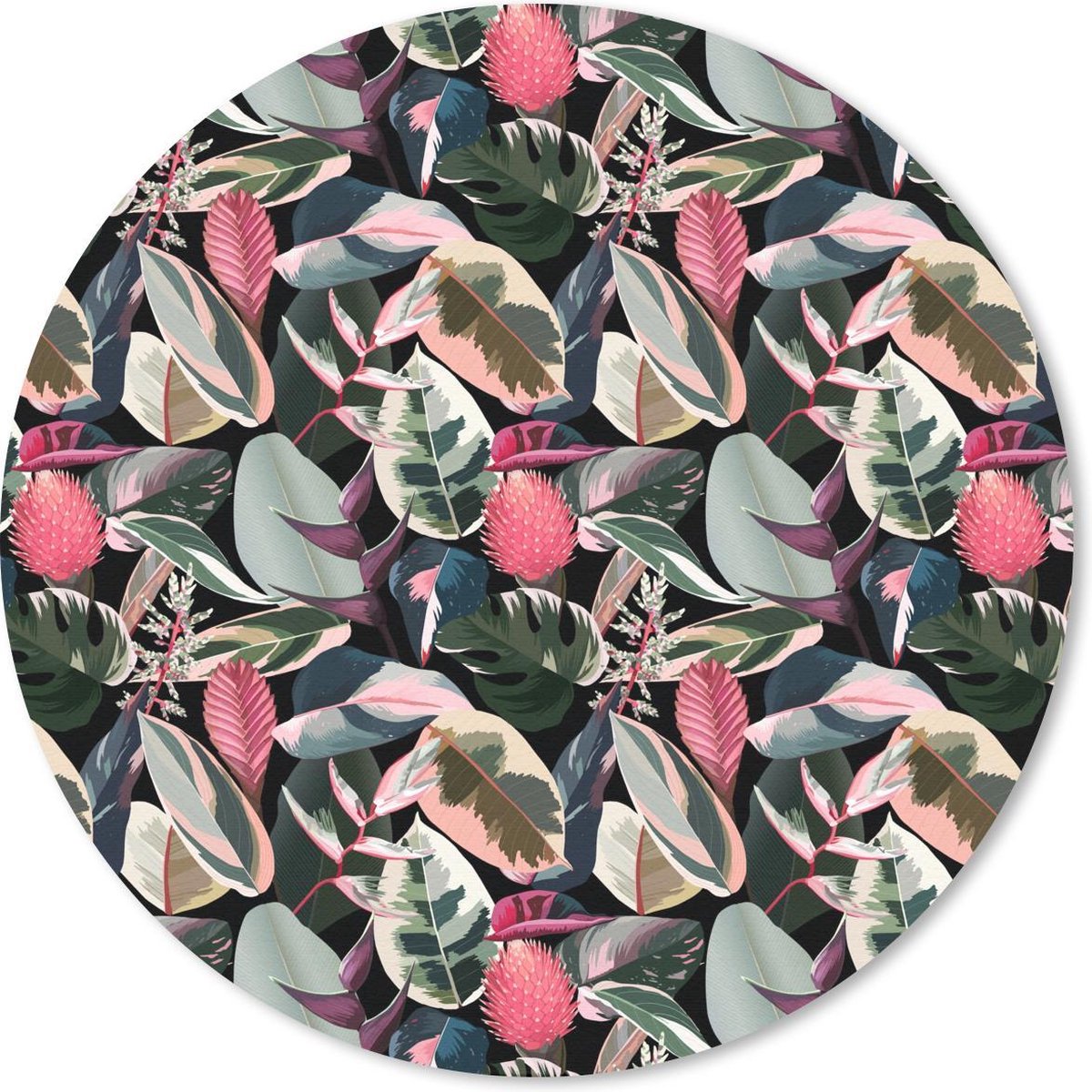 Muismat rond 20x20 cm - Mousepad Tropisch - Bladeren - Roze - Ronde muismatten