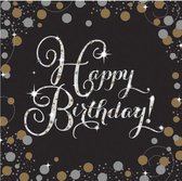 servetten Happy Birthday 33 cm goud/zwart 16 stuks