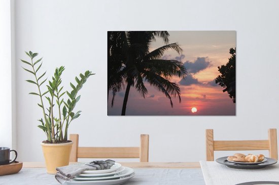 Toile Peinture Tropical - Palmier - Soleil - 90x60 cm - Décoration murale