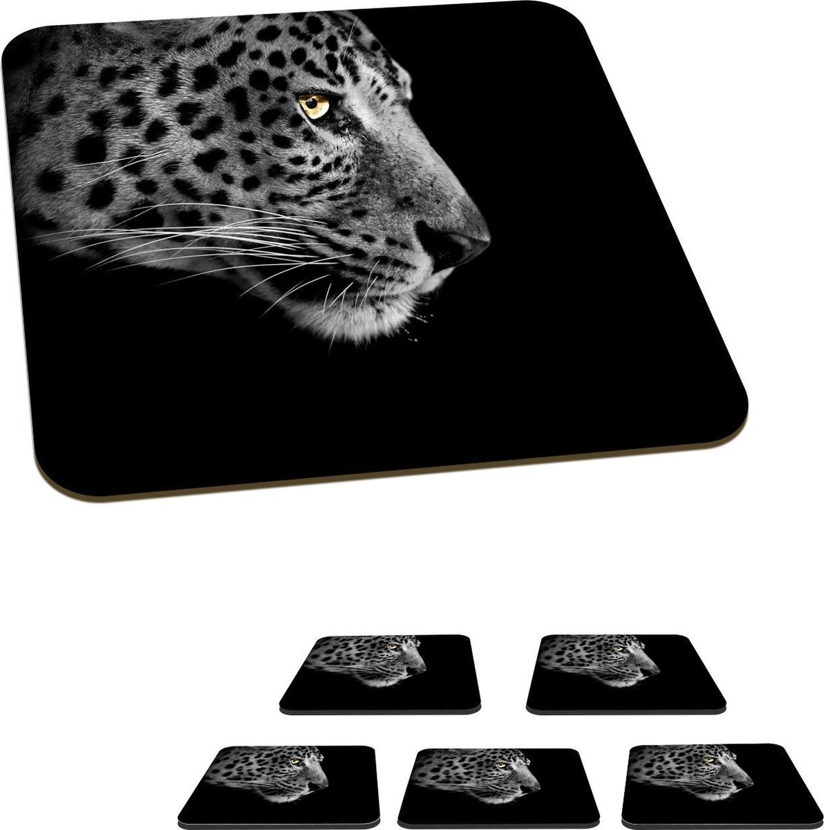 Onderzetters voor glazen - Luipaard - Zwart - Wit - 10x10 cm - Glasonderzetters - 6 stuks