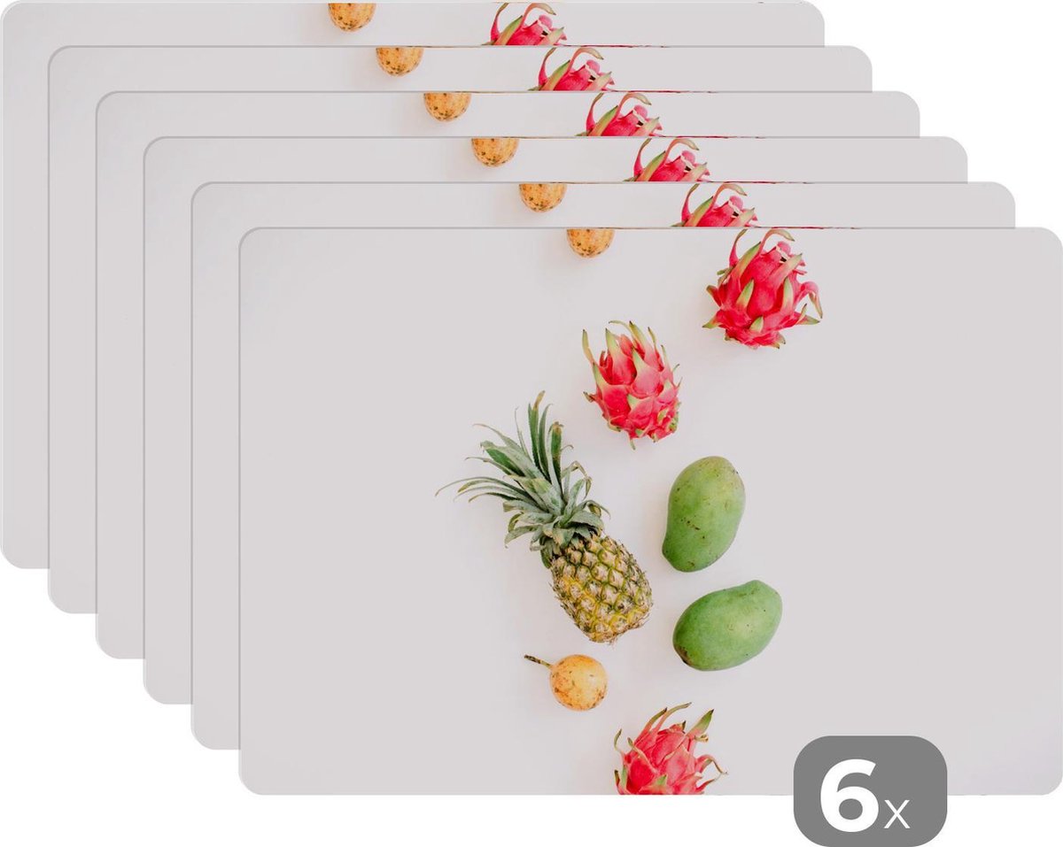 Placemat - Placemats kunststof - Fruit - Tropisch - Ananas - 45x30 cm - 6 stuks - Hittebestendig - Anti-Slip - Onderlegger - Afneembaar