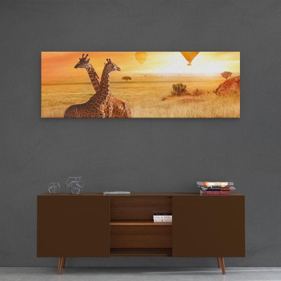 Artaza Toile Peinture Deux Girafes Avec Deux Montgolfières Oranje - 120x40 - Groot - Photo sur Toile - Impression sur Toile