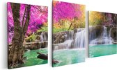 Artaza Canvas Schilderij Drieluik Waterval Met Groen Water En Roze Bladeren - 120x60 - Foto Op Canvas - Canvas Print