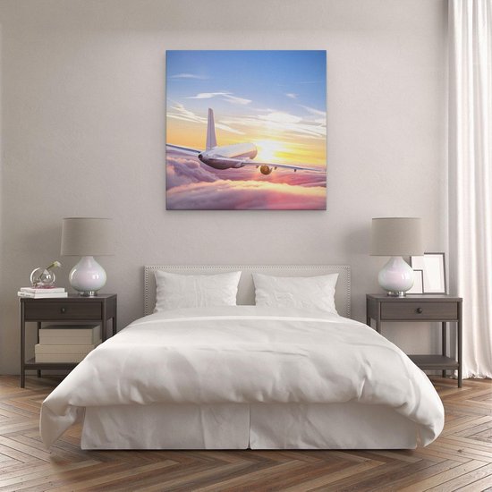 Artaza Peinture Sur Toile Avion Dans Les Nuages Au Coucher Du Soleil - 80x80 - Groot - Photo Sur Toile - Impression Sur Toile