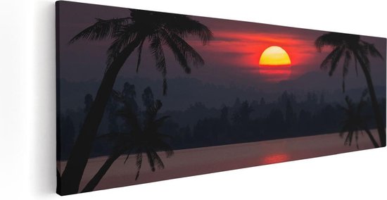 Artaza Canvas Schilderij Zonsondergang Op Het Strand Met Palmbomen - 60x20 - Foto Op Canvas - Canvas Print