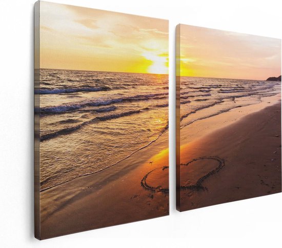 Artaza Canvas Schilderij Tweeluik Zonsondergang Op Het Strand Met Een Hartje - 120x80 - Foto Op Canvas - Canvas Print