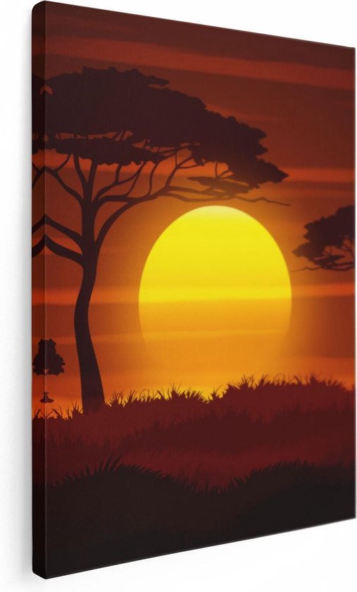 Toile d'un coucher de soleil dans la savane avec un grand soleil jaune derrière un acacia.