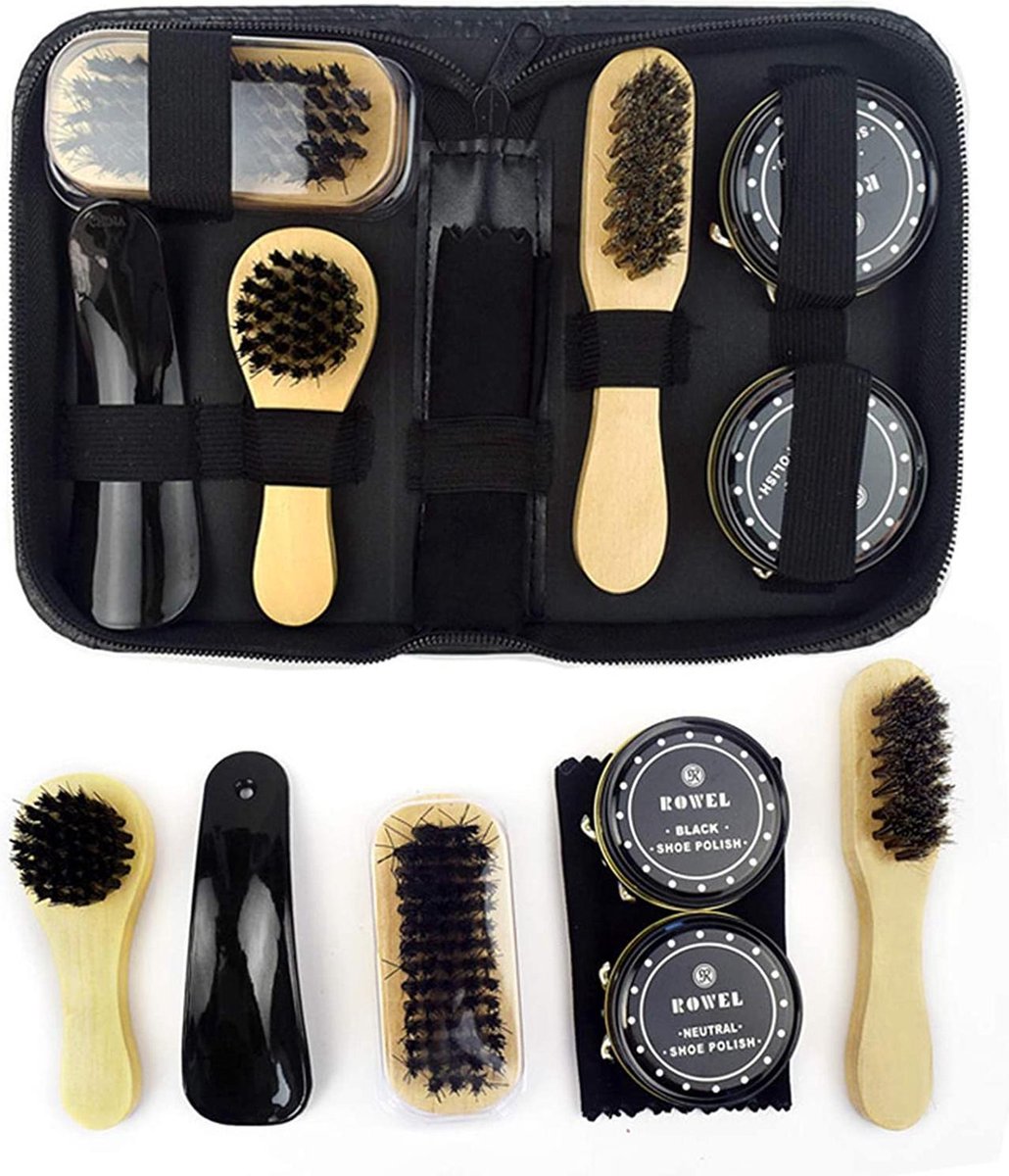 Schoenpoets Set – Schoensmeer & Sneaker Cleaner – Reisset met Borstels, Polish, Microvezel & Schoenlepel – Schoonmaak Kit voor Sneakers & Leren Schoenen – 7-Delig Schoenverzorgingspakket