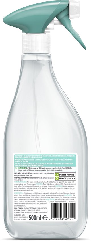 Ecover glasreiniger fles met groene spuitkop. Zwarte fles, 500ml.