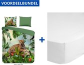 Luxe Zachte Dekbedovertrek Eenpersoons - 140x200/220cm - Inclusief 1 Kussensloop - 100% Versterkt Katoen - Jungle Groen + Zachte Katoenen Hoeslaken - 80x200cm - Wit