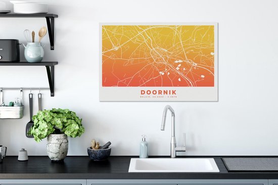 Canvas Schilderij Stadskaart - Doornik - België - Oranje - 90x60 cm - Wanddecoratie