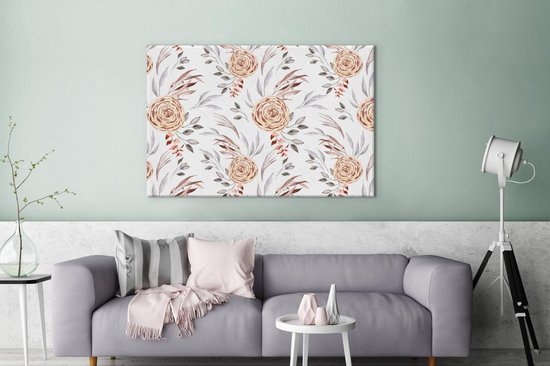 Toile Peinture Roses - Feuilles - Wit - 140x90 cm - Décoration murale
