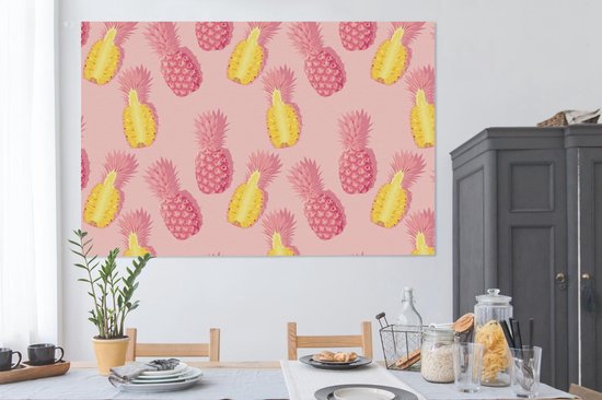 Canvas schilderij 150x100 cm - Wanddecoratie Zomer - Ananassen - Geel - Roze - Muurdecoratie woonkamer - Slaapkamer decoratie - Kamer accessoires - Schilderijen