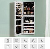 Sieradenkast voor wandmontage, met 2 cosmetica-organizers, om op te hangen, spiegel zonder frame, met slot en sleutel, wit, HMJJC001W01