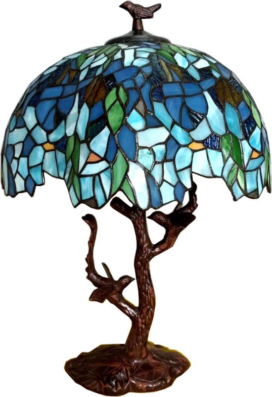 LumiLamp Tiffany Tafellamp Ø 42x49 cm Blauw Kunststof Glas Bloemen Tiffany Bureaulamp