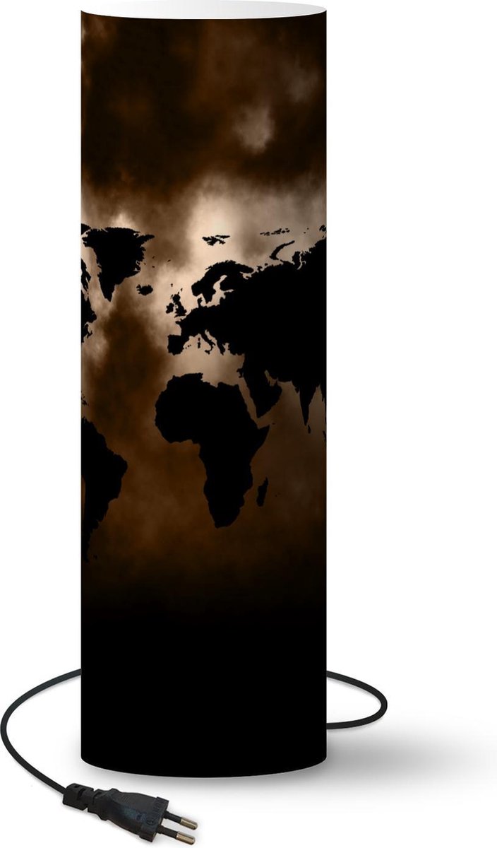 Lamp - Nachtlampje - Tafellamp slaapkamer - Wereldkaart - Sepia - Zwart - 50 cm hoog - Ø15.9 cm - Inclusief LED lamp