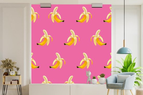 Behang - Fotobehang Banaan - Patroon - Roze - Breedte 350 cm x hoogte 350 cm
