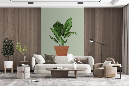 Illustration d'une plant aux feuilles luxuriantes sur fond gris-bleu 145x220 cm