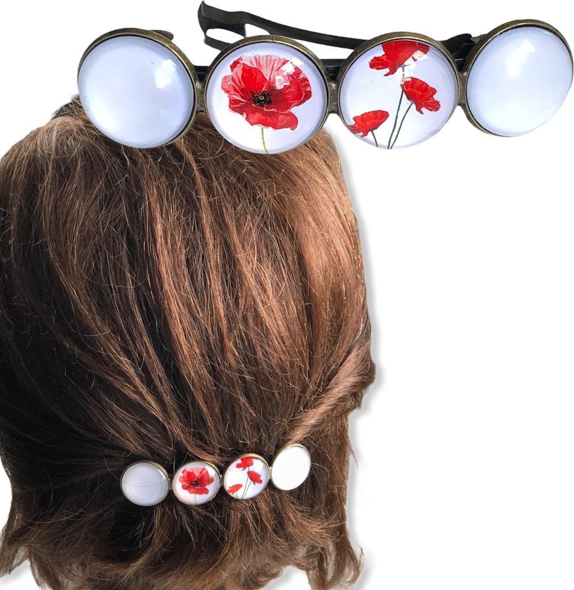 Hairpin-Color Hairclip XL glas cabochon haarspeld wit-rood-klaproos