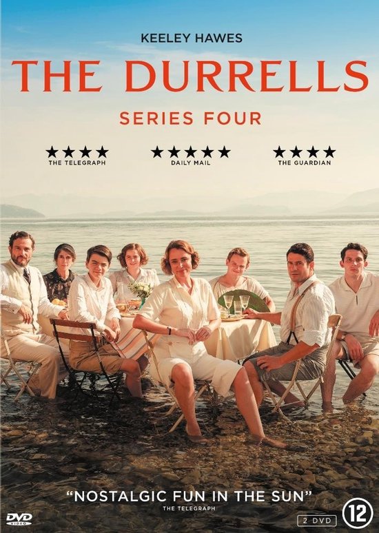 DVD hoes 'The Durrells Series Four'. Familie zit aan tafel bij zee. Tekst: 'Keeley Hawes, The Durrells Series Four'.