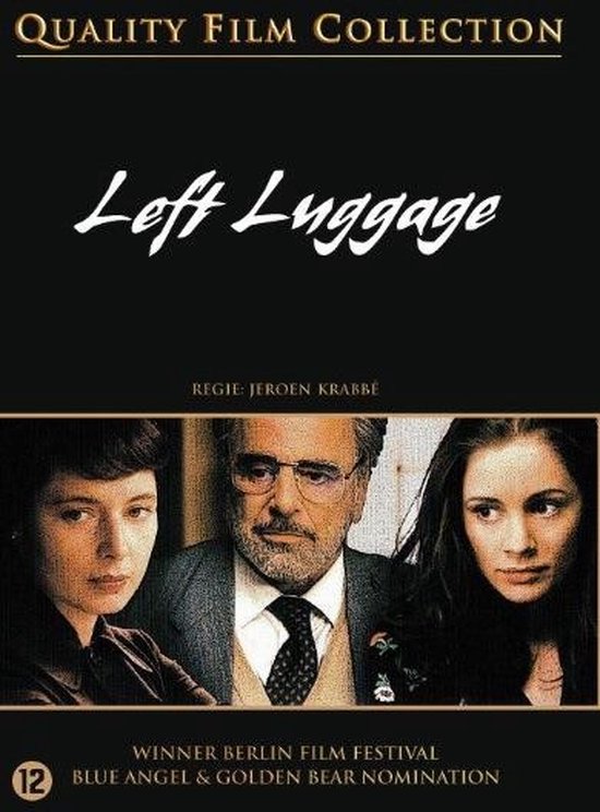 Dvd-hoes van de film 'Left Luggage'. Drie hoofden, links een vrouw met donkerbruin haar, in het midden een man met bril en baard, rechts een vrouw met bruin haar.