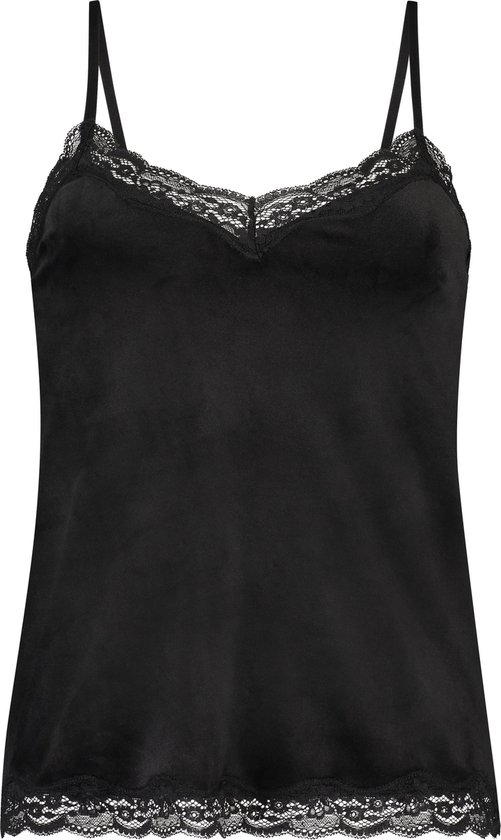 Zwarte cami top met kanten rand aan de boven- en onderkant.