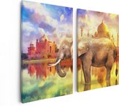 Artaza Canvas Schilderij Tweeluik Getekende Olifant Bij Taj Mahal - Abstract - 80x60 - Foto Op Canvas - Canvas Print