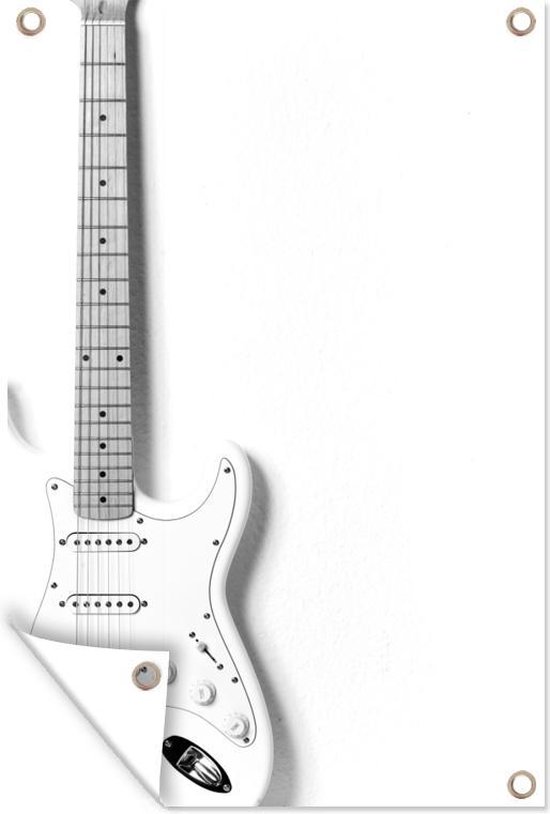 Tuindecoratie Een witte elektrische gitaar - zwart wit - 40x60 cm - Tuinposter - Tuindoek - Buitenposter